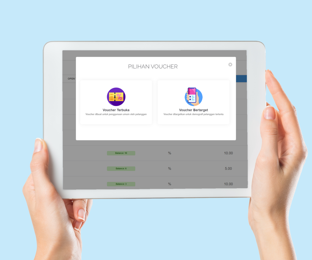 Tablet menampilkan opsi voucher yang dapat dikirim staf kepada klien melalui SIM Klinik Aoikumo™