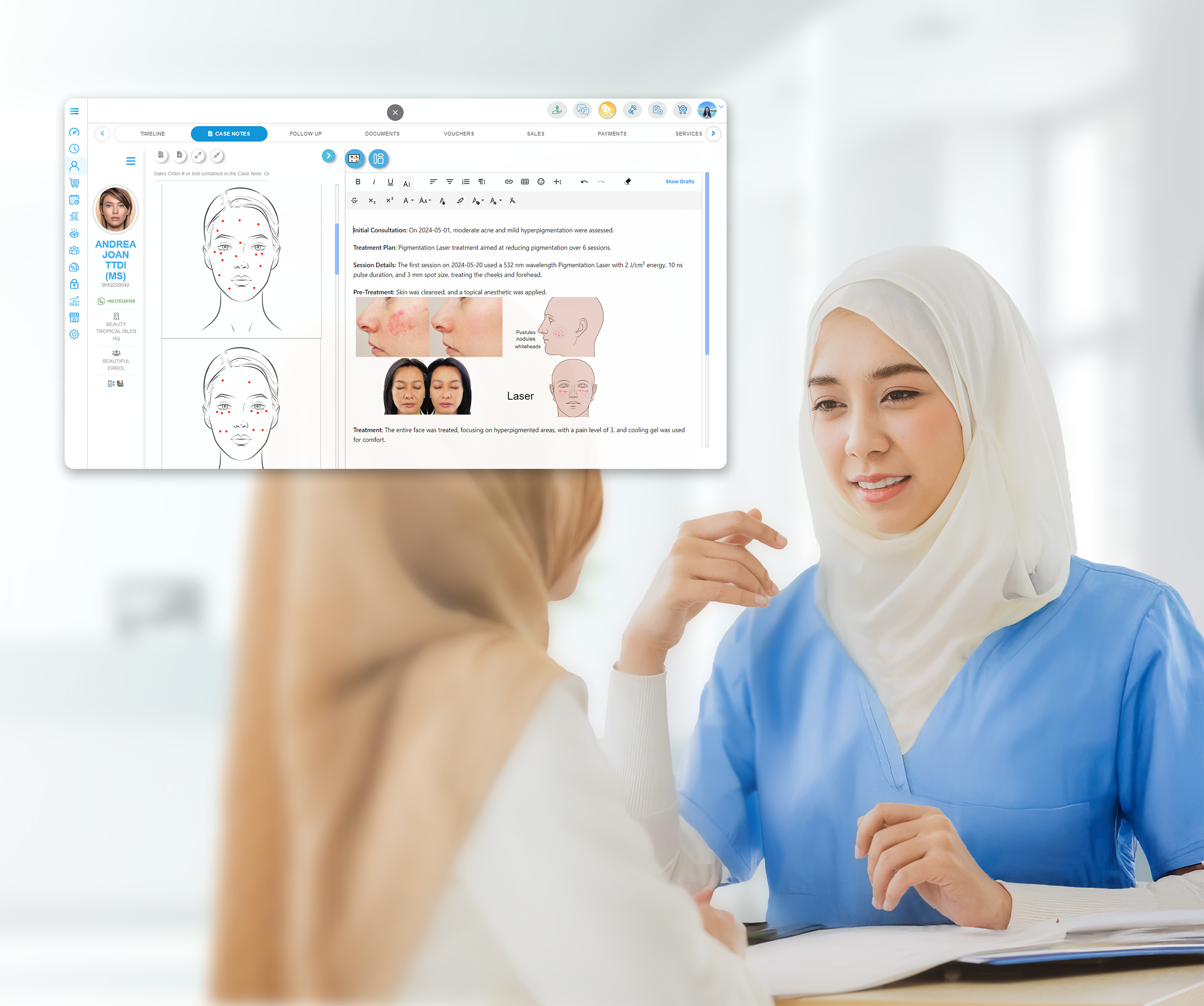 Tangkapan layar menampilkan teks, foto, anotasi, dan kolase dalam catatan kasus pasien pada SIM Klinik Aoikumo™