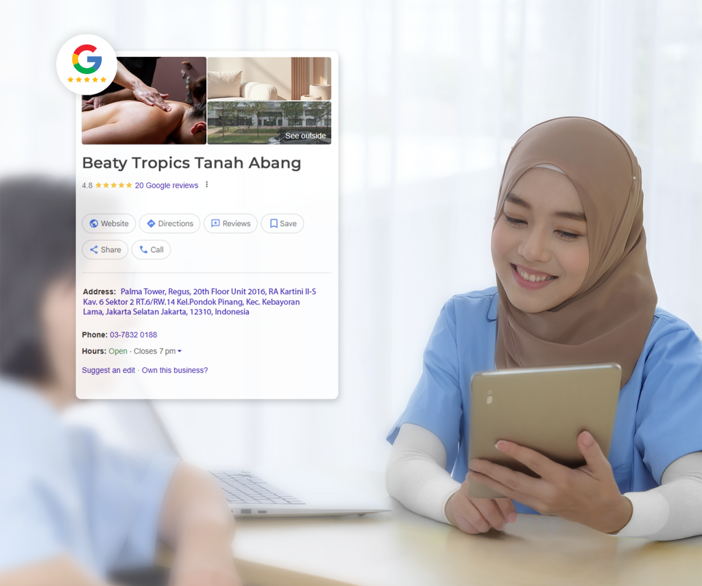 Staf merasa puas dengan peringkat ulasan Google klinik yang tinggi di Google Business Profile, berkat SIM Klinik Aoikumo™